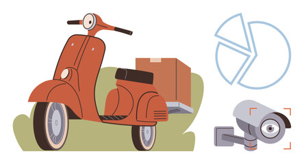 Red scooter carrying delivery box, pie chart indicating data tracking, and surveillance camera. Ideal for delivery, logistics, security, surveillance, data analysis, transportation business