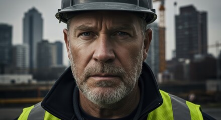 Obraz premium Close-up portrait of a mature male construction worker wearing a safety helmet and reflective vest at an urban construction site with city buildings in the background.
