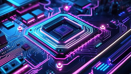 Fototapeta premium A futuristic motherboard design glows with neon blue and purple, featuring sleek metallic circuits, pulsing wires, and microchips against a dark backdrop, blending technology.