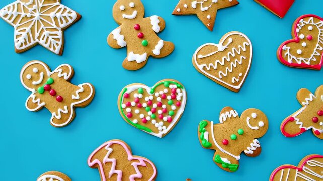 Colorful Gingerbread Cookies Decorated for the Holidays on a Bright Blue Background, Evoking Festive Cheer and Delicious Treats for All Celebrations