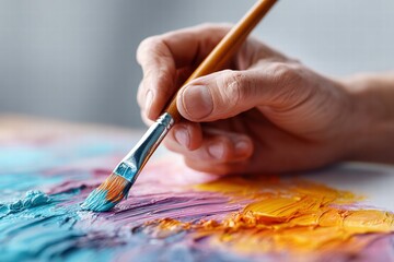 A close up of a hand holding a paintbrush, creating a vibrant painting.
