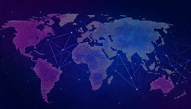 Global network depicted as a pointillist world map with connecting lines
