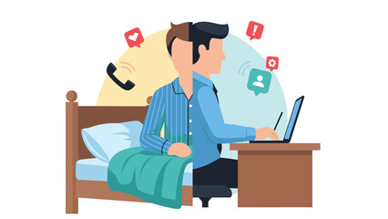 A person is depicted split in half, with one side in bed and the other at a desk with a laptop, surrounded by digital notifications and a ringing phone, symb...