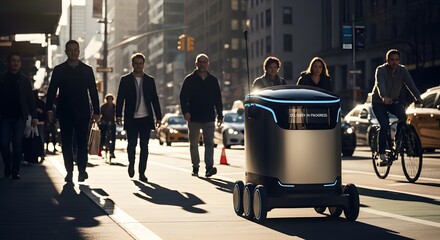 A delivery robot navigates a city street, interacting with pedestrians and cyclists in the sunlight.