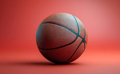 Obraz premium Close up of a textured basketball with dark lines on a red background sport game