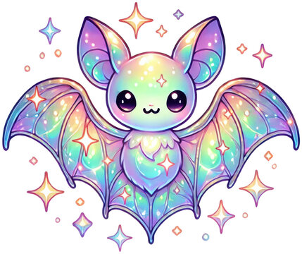 Adorable pastel bat illustration with sparkling wings and magical fantasy vibes. Perfect for kawaii merch, stickers, or whimsical social media campaigns.