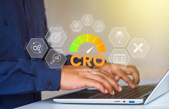 CRO concept, conversion rate optimization, digital marketing strategy, business professional using laptop, featuring KPI metrics CTR, ROAS, CPL, and A B testing icons for website performance growth - Powered by Adobe