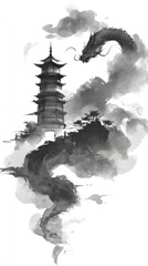 Obraz premium Ink wash painting of a pagoda and a dragon