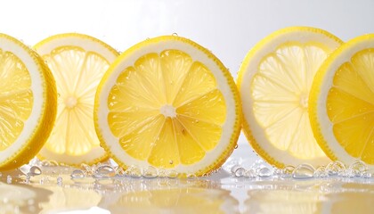Fresh Lemon Slices with Water Droplets on Bright White Background