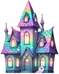 Fototapeta premium Iridescent haunted house with glowing windows and ghost, isolated on white, perfect for Halloween designs, spooky decor, or mystical fantasy projects.