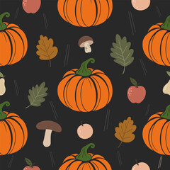 Halloween Pumpkins and Autumn Leaves Seamless Pattern on Dark Background
