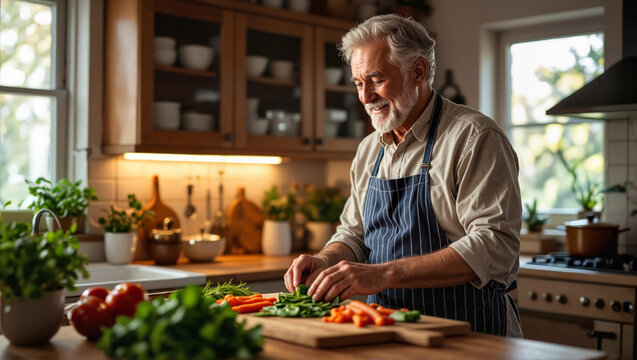 Elderly man chopping vegetables in home kitchen - Powered by Adobe