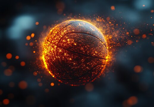 Fiery basketball glowing with orange sparks and particles in dark background sport game