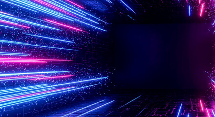 Futuristic neon tunnel with blue and pink glowing lines. Abstract background for virtual reality, cyberspace, and high speed data stream concept illustration