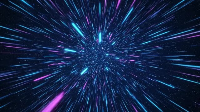 Futuristic hyperspace warp speed light travel effect with glowing blue and purple streaks abstract cosmic space motion - Powered by Adobe