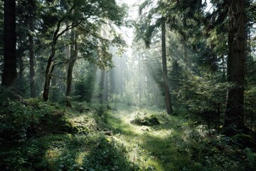 Obraz premium Sunlight filters through trees in a serene green forest, illuminating lush undergrowth and creating a tranquil atmosphere at midday in nature