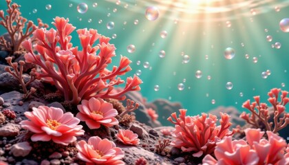 soft coral reef theme with pastel coral with mint green, dreamy pastel reef transition, tiny bubble sparkles, centered radiant coral light, peaceful and oceanic