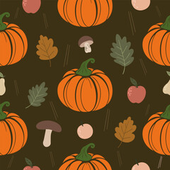 Rustic Autumn Pumpkins and Mushrooms Seamless Pattern in Earthy Tones