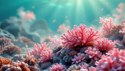 Obraz premium soft coral reef theme with pastel coral with mint green, soft coral mist overlay, subtle glowing mist, wide underwater panorama, warm and dreamy