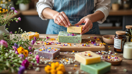 Woman decorating handmade soaps with flowers on rustic table