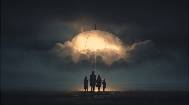 Family Shelter from Storm: A silhouetted family stands united beneath the protective embrace of a cloud umbrella, a symbol of resilience against the encroaching storm. Evoking themes of hope, support.