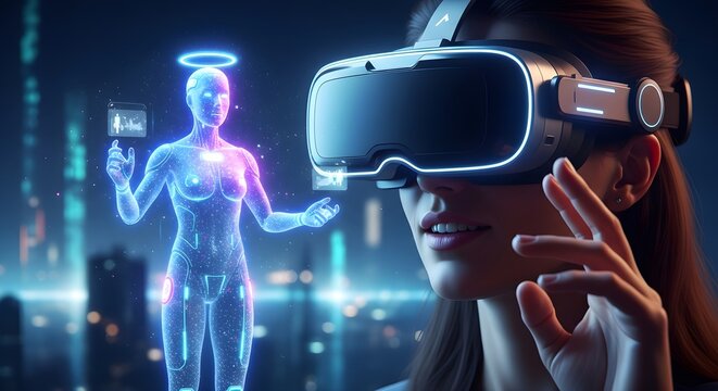 Woman wearing VR headset interacts with a holographic human figure in a futuristic cityscape.