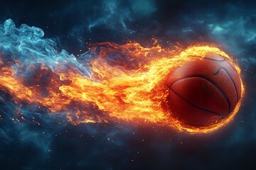 Red basketball engulfed in bright orange fire and blue smoke against dark sky flame