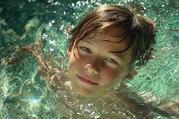 Young boy enjoys carefree moment while floating in clear, tranquil water during sunny day at a pool