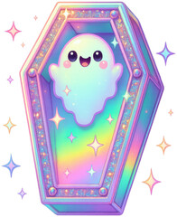 Adorable pastel ghost with big eyes in a glittery coffin. Great for kids’ designs, kawaii merchandise, and festive seasonal graphics.
