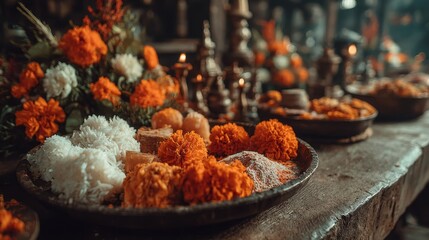 Close-up of traditional offering plate with marigolds, rice, tika powder, and jamara, warm autumn sunlight, blurred festive home altar, focus on textures and colors, Dashain festival