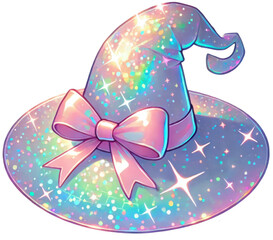 Sparkling holographic witch hat with pastel bow and rainbow glow. Perfect for Halloween stickers, magical branding, and fantasy art.