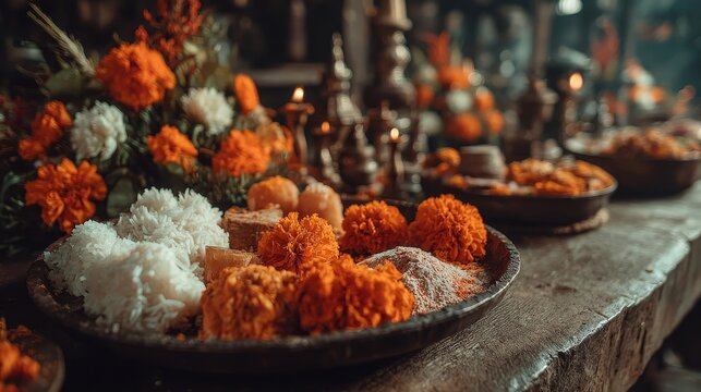 Close-up of traditional offering plate with marigolds, rice, tika powder, and jamara, warm autumn sunlight, blurred festive home altar, focus on textures and colors, Dashain festival