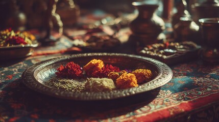 Close-up of traditional offering plate with marigolds, rice, tika powder, and jamara, warm autumn sunlight, blurred festive home altar, focus on textures and colors, Dashain festival