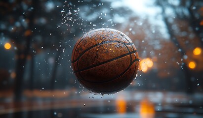 Wet basketball suspended in air with water droplets and bokeh lights rain