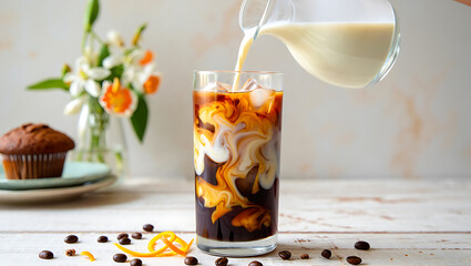 Cream Being Poured into a Glass of Iced Coffee with a Muffin and Flowers, Delicious and Refreshing Summer Drink