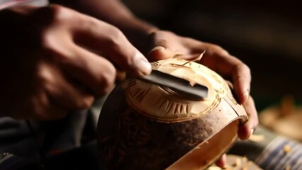 Close-up of skilled hands carving intricate designs on a coconut shell, showcasing craftsmanship and tradition in detail, promoting cultural art with careful sculpting