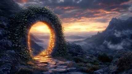 Ancient stone archway covered vines glowing softly under a twilight sky cinematic mystical gateway