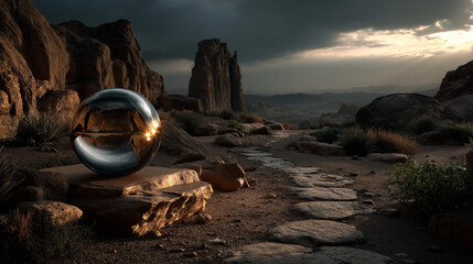 Fototapeta premium A large, reflective sphere on a stone pedestal in a rugged desert landscape with a path