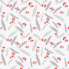 Seamless vector pattern with delicate pine branches and vibrant red berries on a muted gray background. Winter, holiday, or nature themed designs for fabric, stationery, and decor