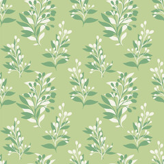 Seamless vector pattern with stylized green leafy branches and berries on a soft sage background. Perfect for eco friendly packaging, textiles, wallpapers, and natural themed designs