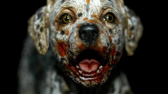 Close up of zombie dog with blood stained fur and fierce teeth open mouth snarling in dark eerie setting creating chilling horror atmosphere full of suspense and intense horror