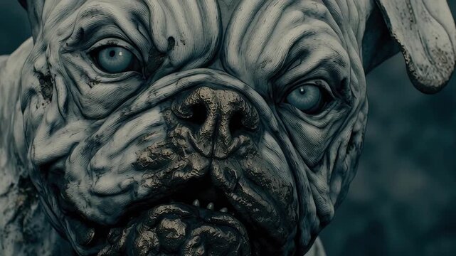 Close up of zombie dog with decayed and cracked skin, eerie blue eyes showing haunting creepy expression in dark horror atmosphere with detailed texture and mysterious vibe