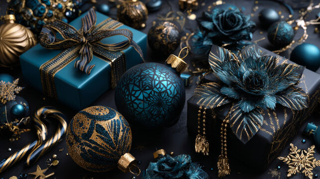 Merry Xmas party flyer template. Festive background with realistic blue and yellow gift boxes, candy canes, Christmas balls, gold confetti and snowflake. Vector illustration. Invitation to nightclub.