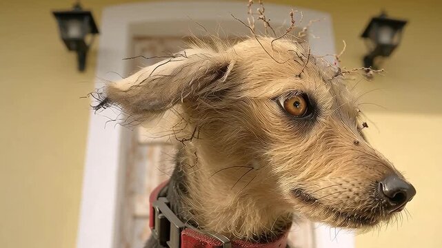 Close up of brown dog with wide eyes and twigs tangled in its fur creating zombie animal pet appearance in outdoor setting with blurred background and eerie spooky atmosphere