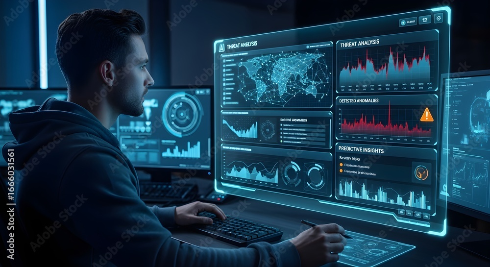 Wall mural a man intently monitors complex data visualizations on multiple computer screens, analyzing informat