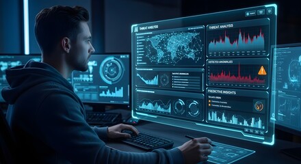 A man intently monitors complex data visualizations on multiple computer screens, analyzing information.