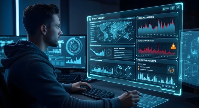 A man intently monitors complex data visualizations on multiple computer screens, analyzing information.