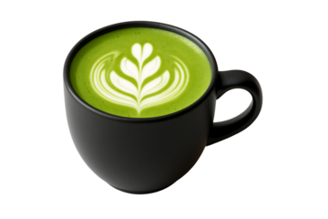 Fresh matcha latte art in black mug isolated on transparent background