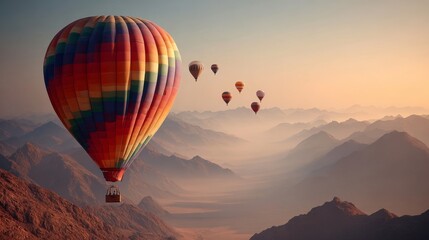 Obraz premium Colorful hot air balloons inflating at sunrise, Albuquerque desert landscape, soft morning light, warm golden hues, focus on textures and shapes, Albuquerque International Balloon Fiesta