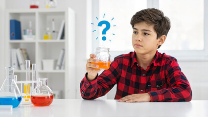Curious boy holding flask in science lab